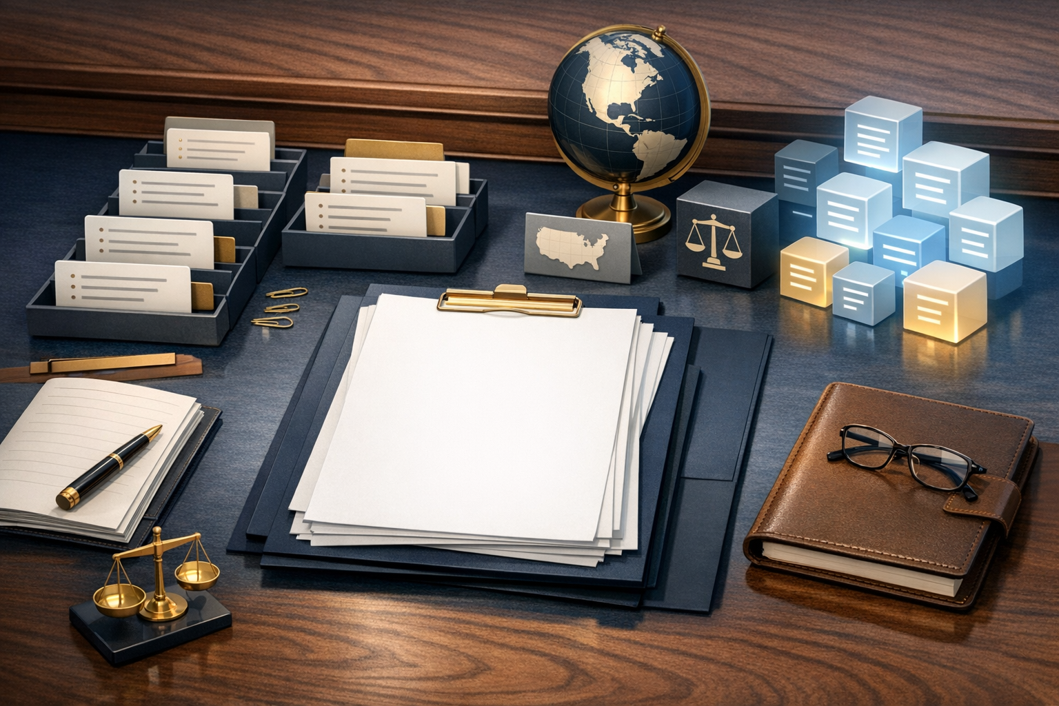 Legal drafting workspace with organized clause cards and abstract AI document blocks