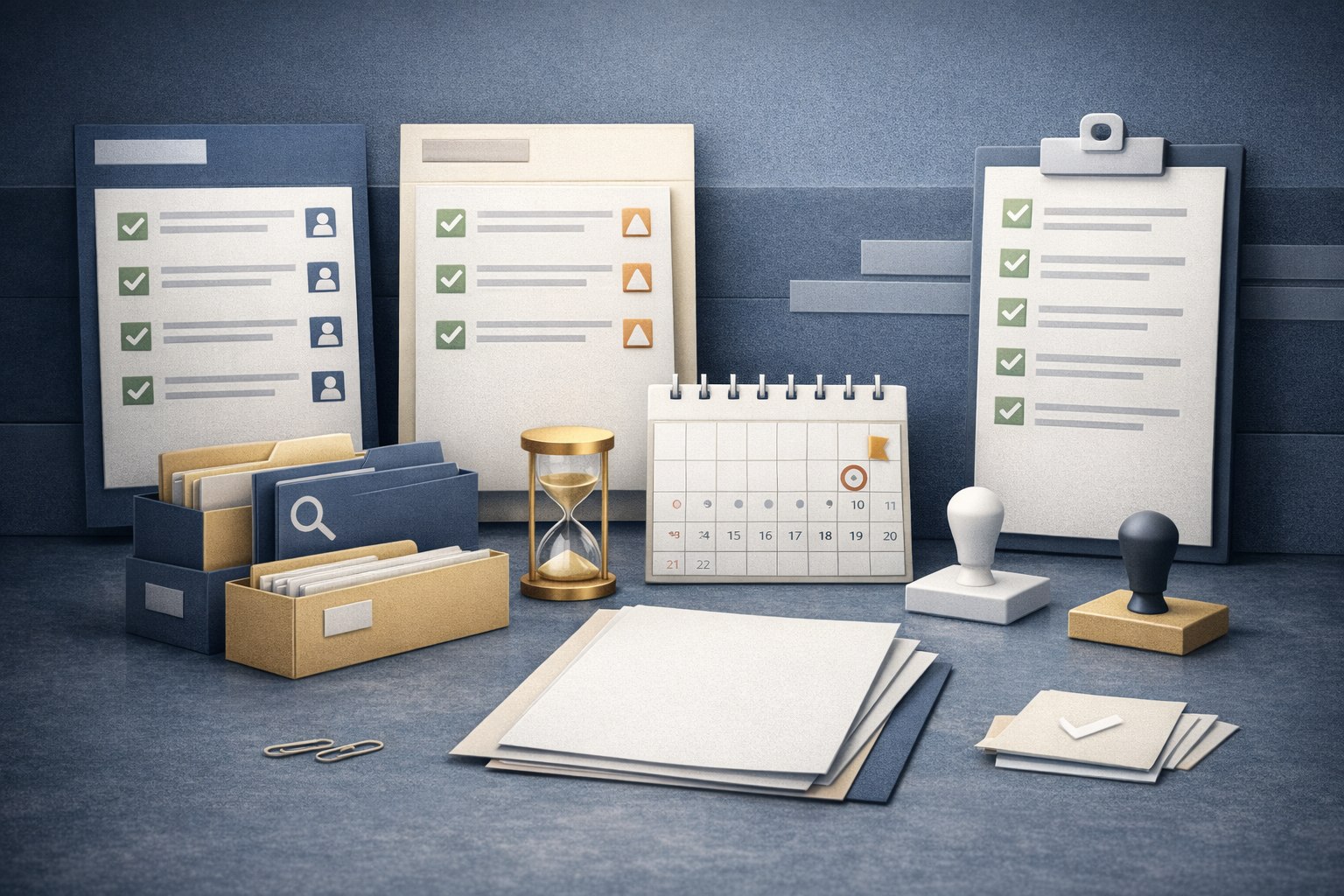 Compliance checklist boards, folders, and calendar markers on a legal operations desk