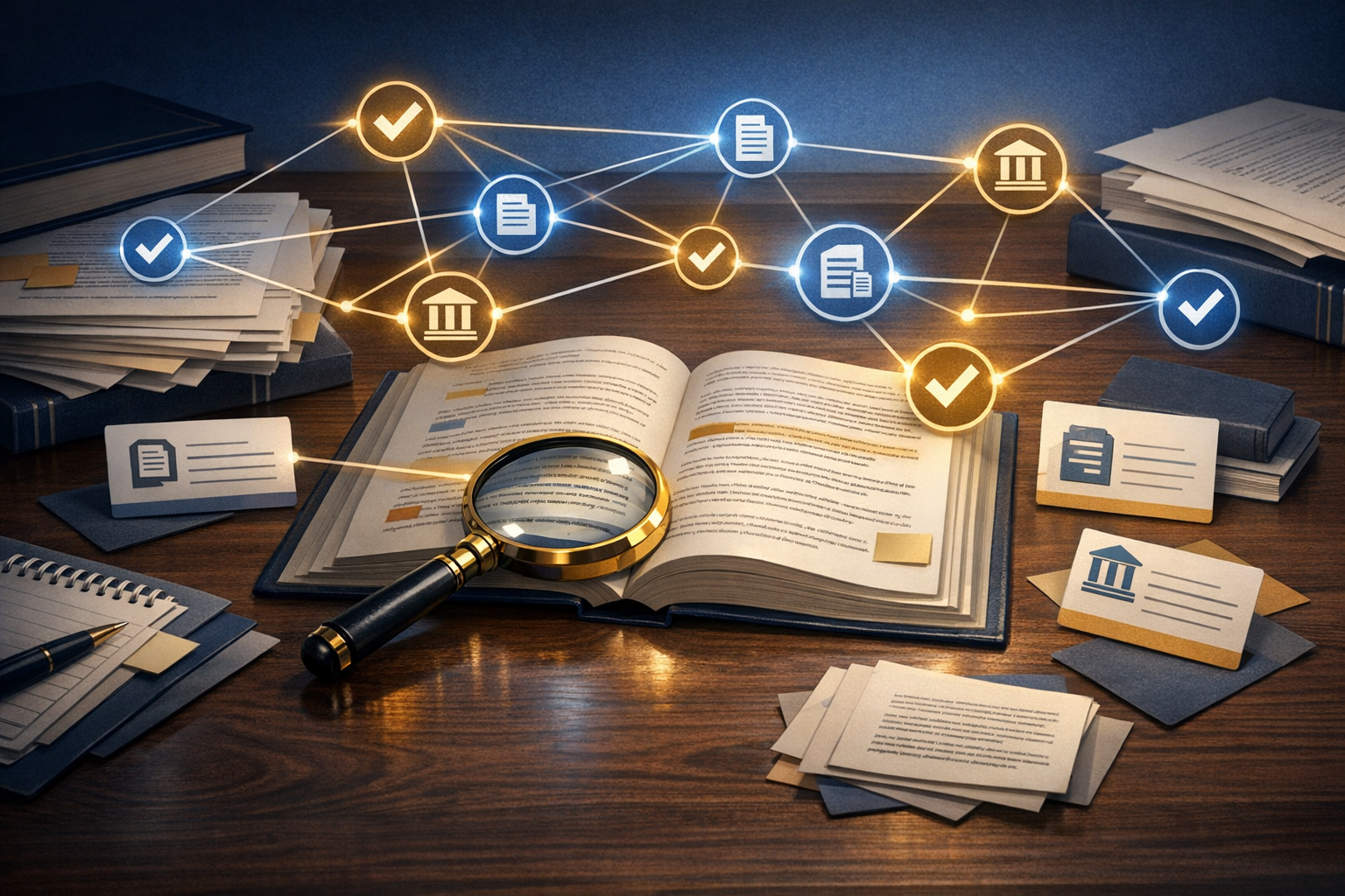 Legal research materials with citation nodes and verification connections