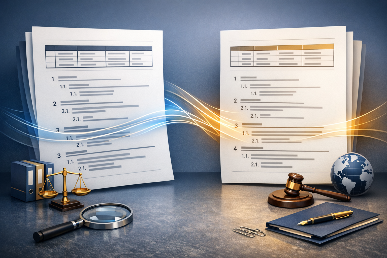 Side-by-side legal documents with preserved structure and translation flow lines